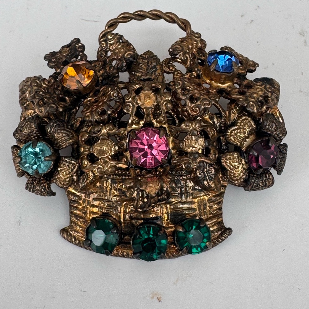 Art Deco CZECH Brooch Bohemian Basket Floral Gold tone and Rhinestones